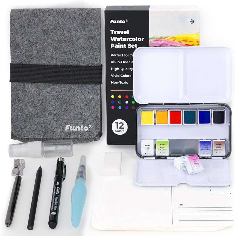 Funto Travel Watercolor Set, 12-Color Paint, 10 Premium Postcards, Brush, Brush Pen, Fineliner, Pencil, Painting Set for Adults, Beginner, and Artists - Image 1